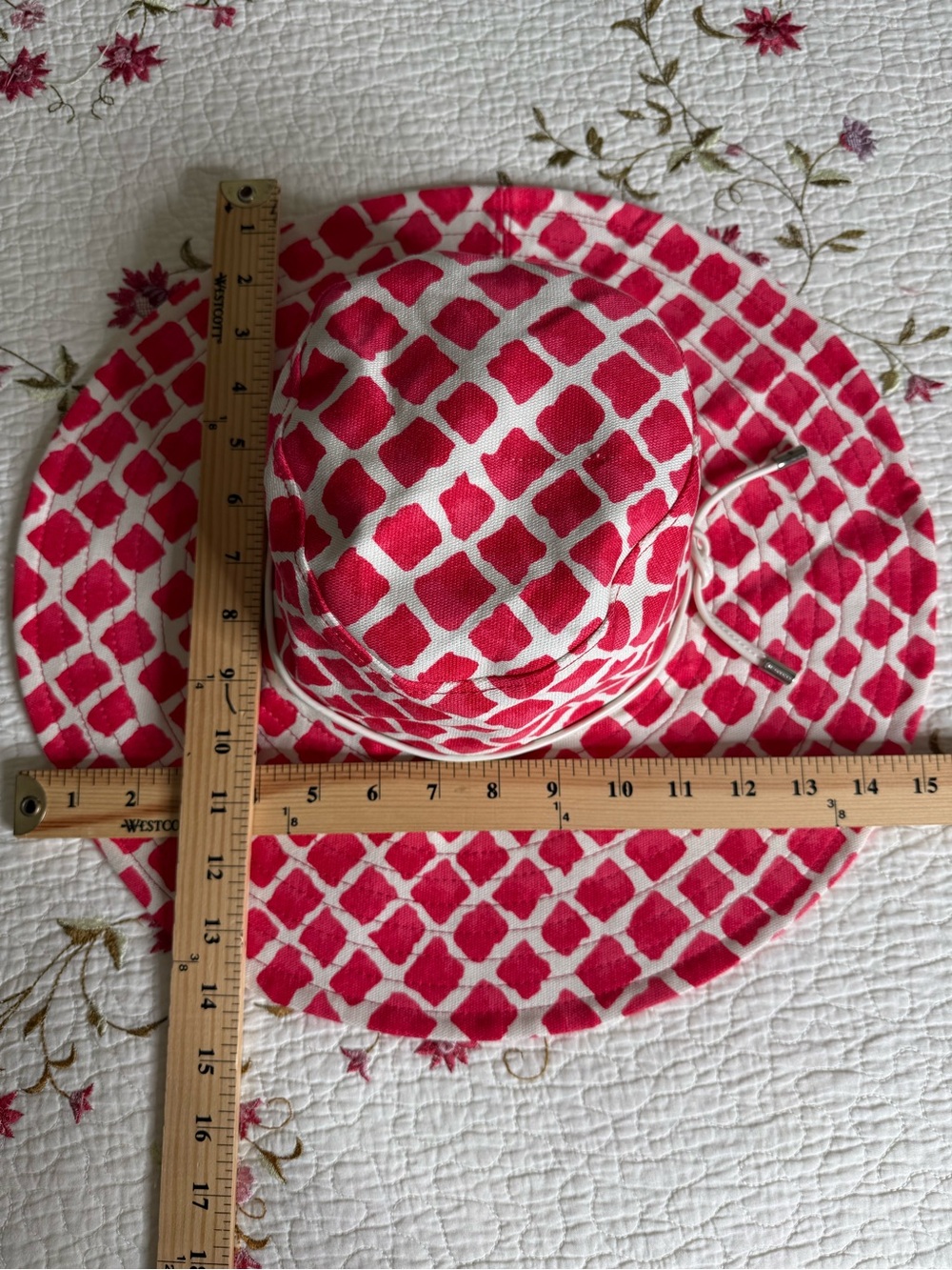 Coach Full Brim Beach Hat Cotton Canvas Sun Pink & Cream Tile Pattern Size M|L - Picture 7 of 8